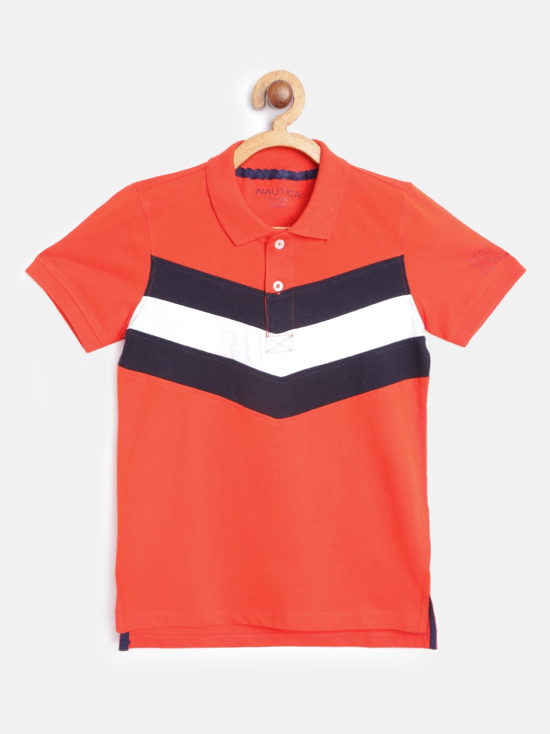 

Nautica Boys Orange & Navy Blue Striped Polo Collar Regular Sleeves Pure Cotton T-shirt