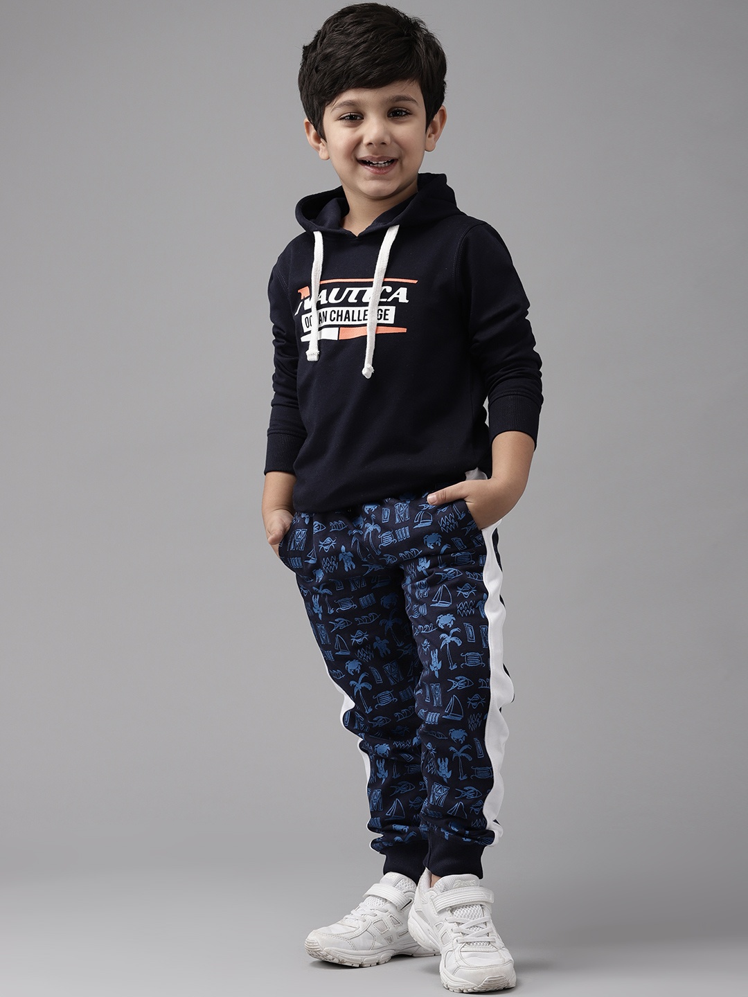 

Nautica Boys Navy Blue & White Cotton Printed Joggers with Side Taping