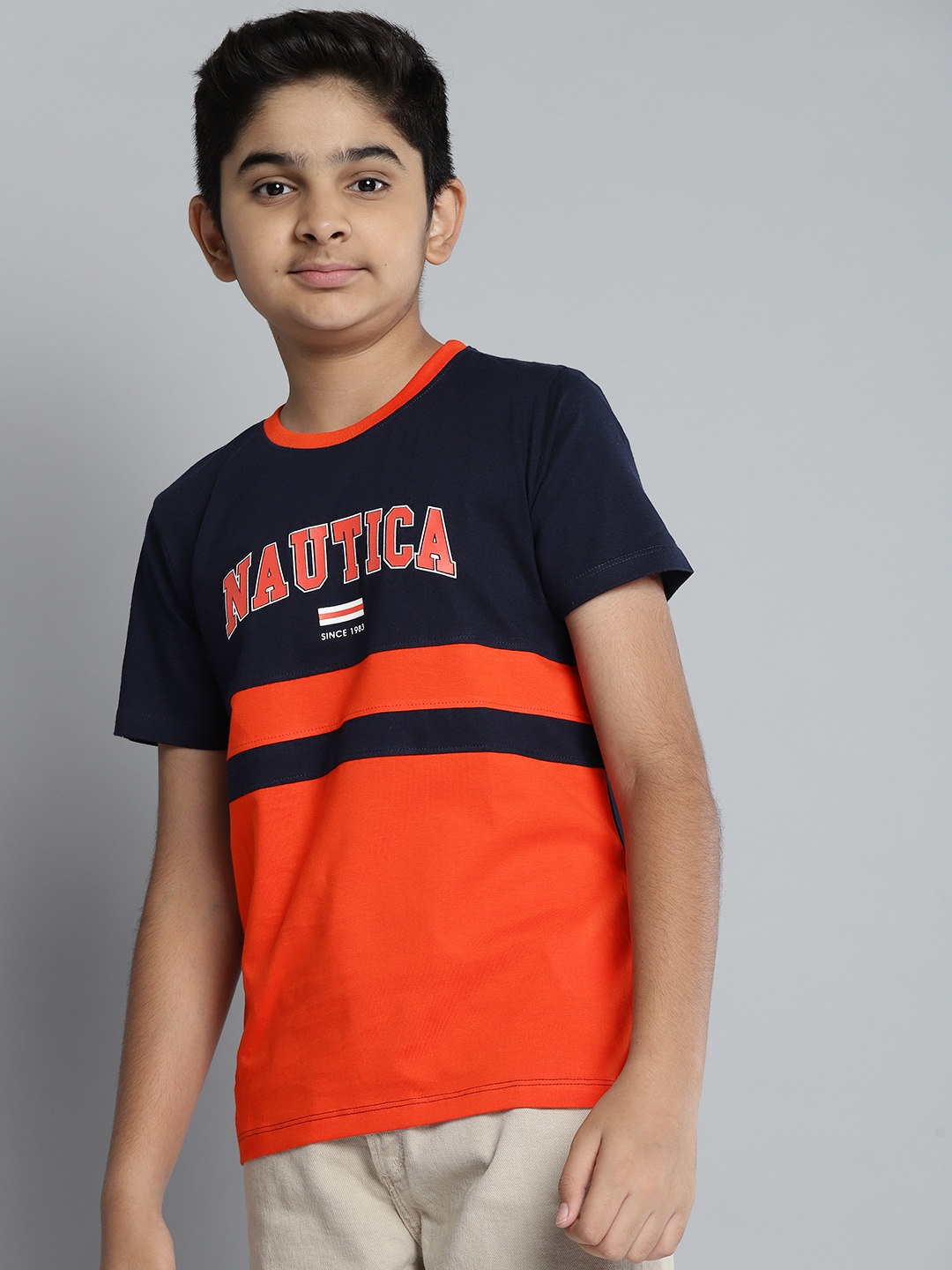 

Nautica Boys Navy Blue & Orange Cotton Colourblocked T-shirt