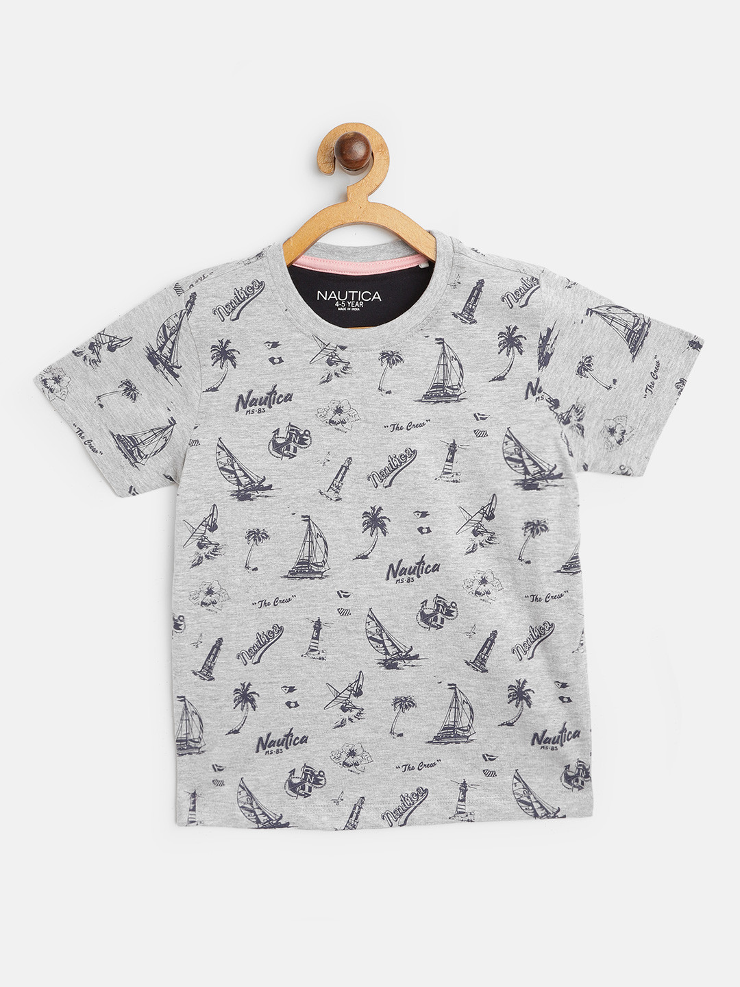 

Nautica Boys Grey Melange & Navy Blue Cotton Printed T-shirt