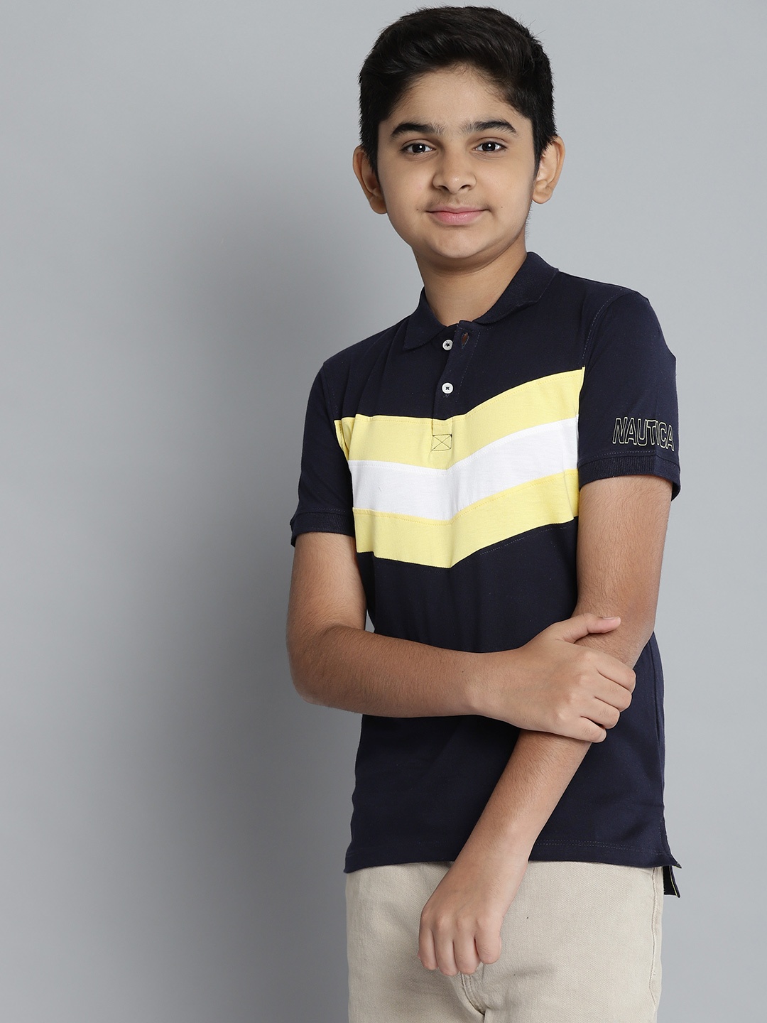 

Nautica Boys Navy Blue & Yellow Striped Polo Collar Cotton T-shirt