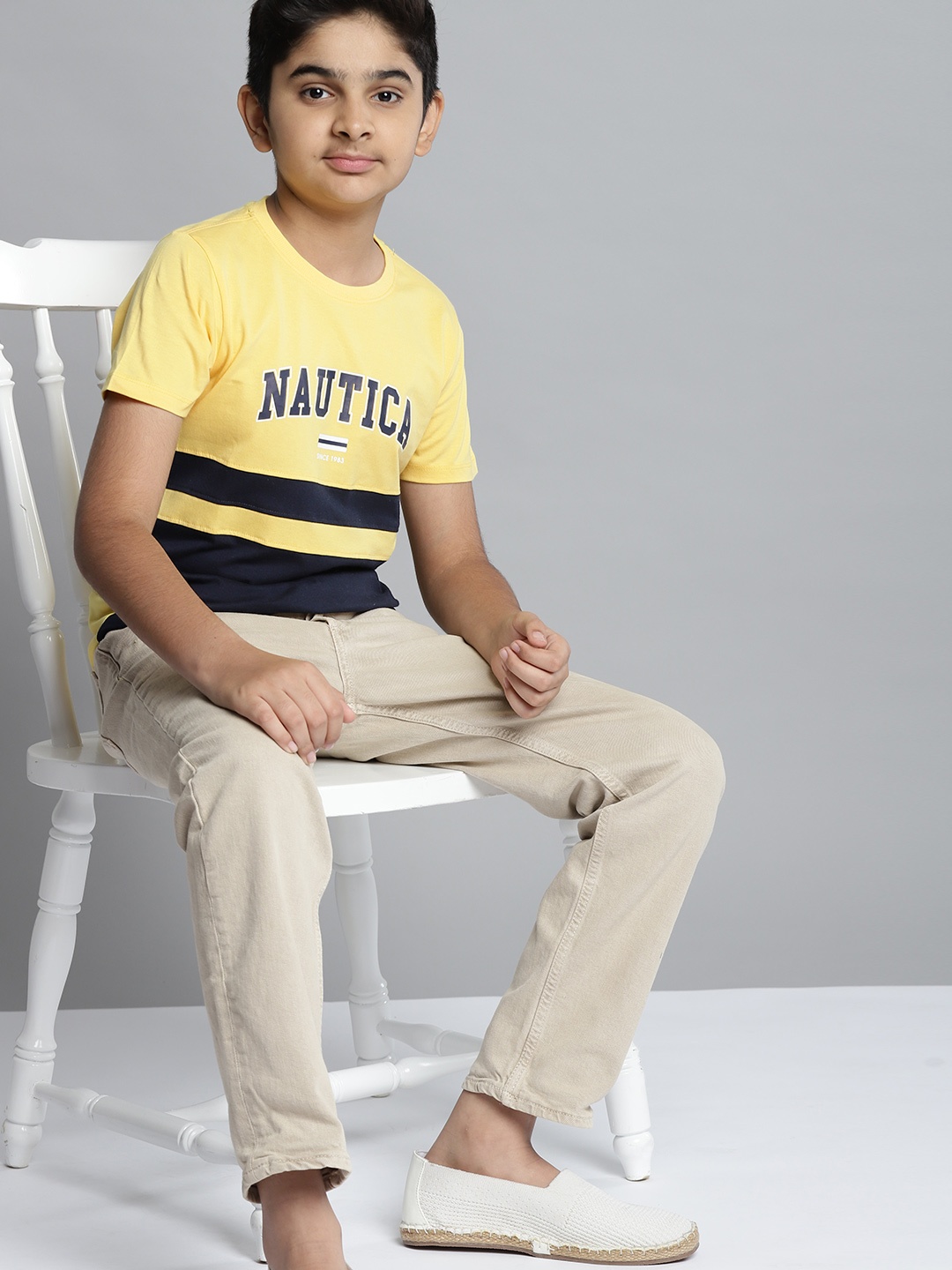 

Nautica Boys Yellow & Navy Blue Brand Logo Print Round Neck Pure Cotton T-shirt