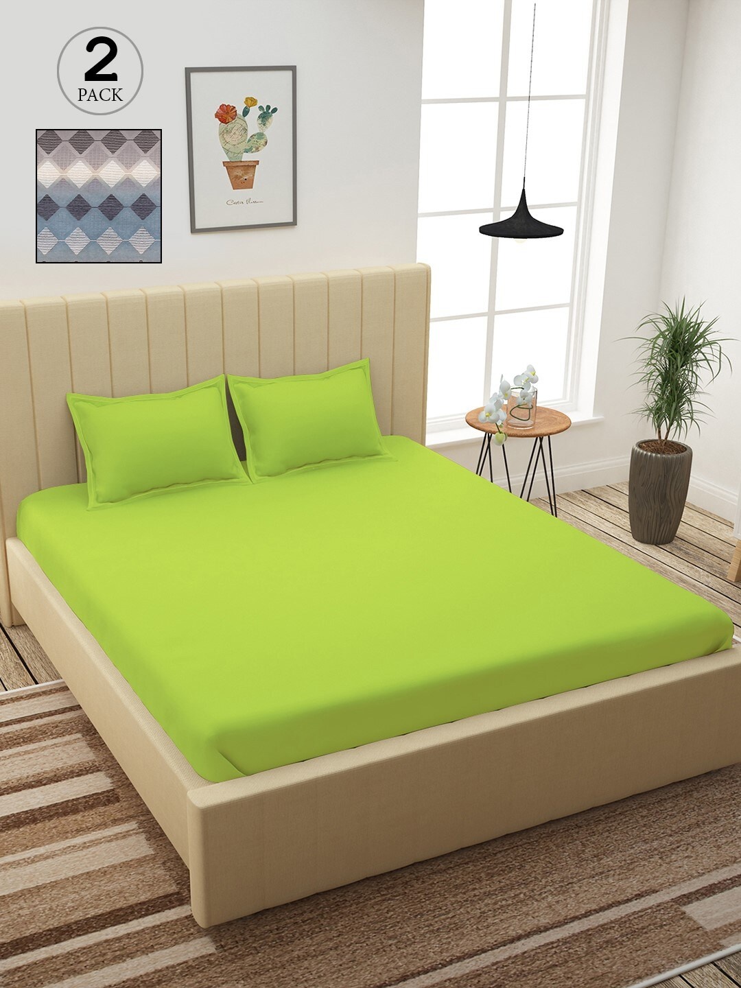 

Story@home Green & Blue Geometric 210 TC 2 King Bedsheet with 4 Pillow Covers