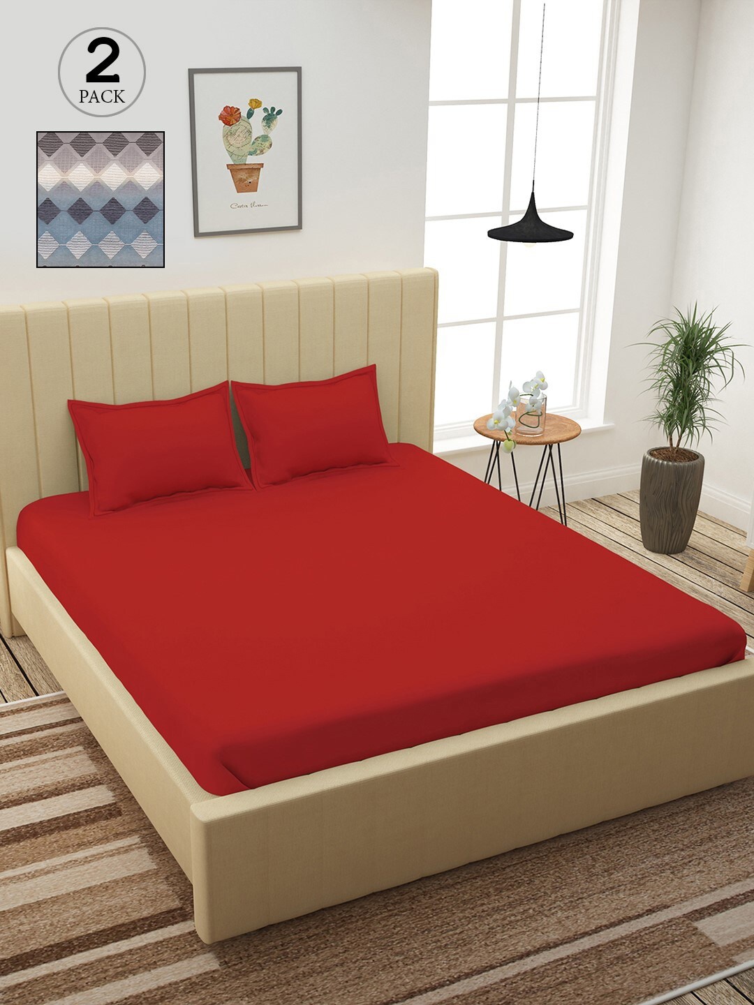 

Story@home Red & Grey Geometric 210 TC 2 King Bedsheet with 4 Pillow Covers