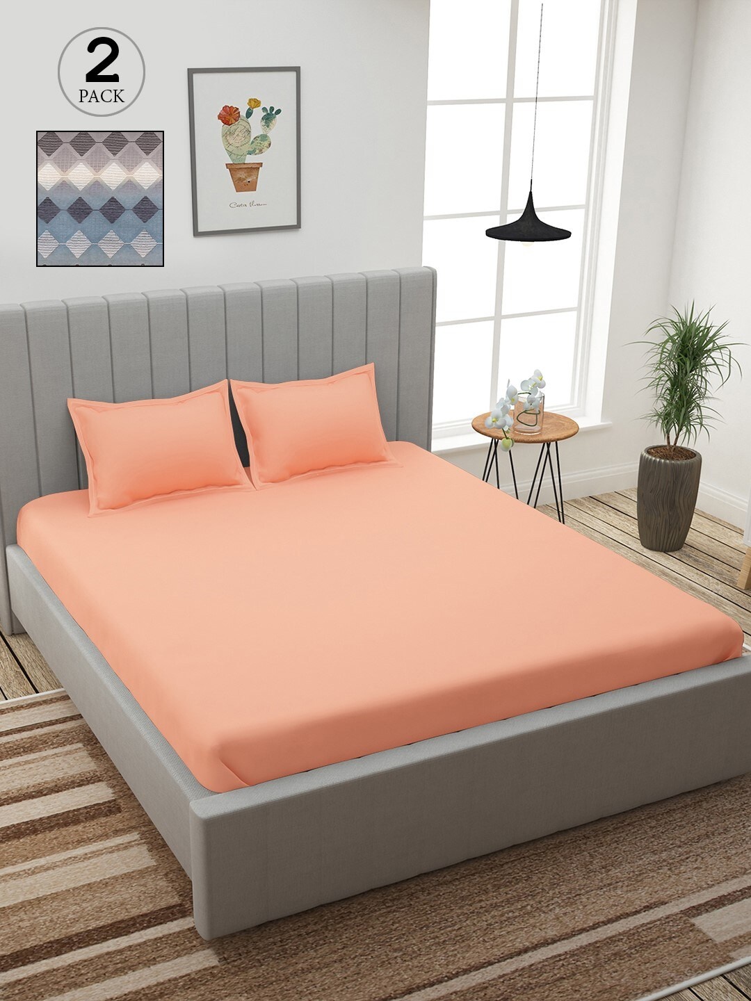 

Story@home Peach & Grey Geometric 210 TC 2 King Bedsheet with 4 Pillow Covers