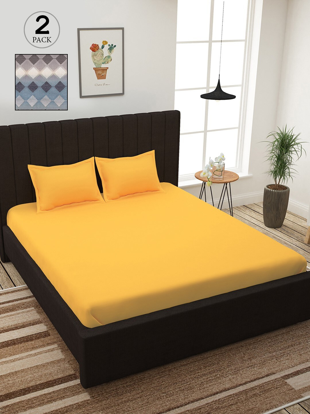 

Story@home Yellow & Grey 210 TC 2 King Bedsheet with 4 Pillow Covers