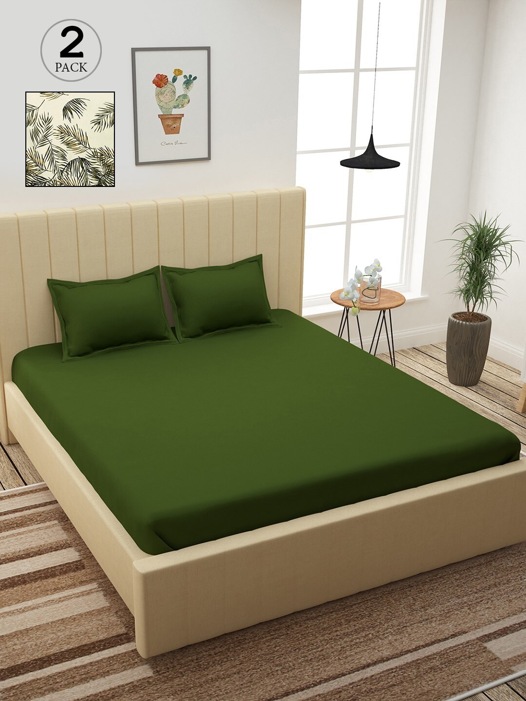 

Story@home Green & Cream-Coloured 210 TC 2 King Bedsheet with 4 Pillow Covers