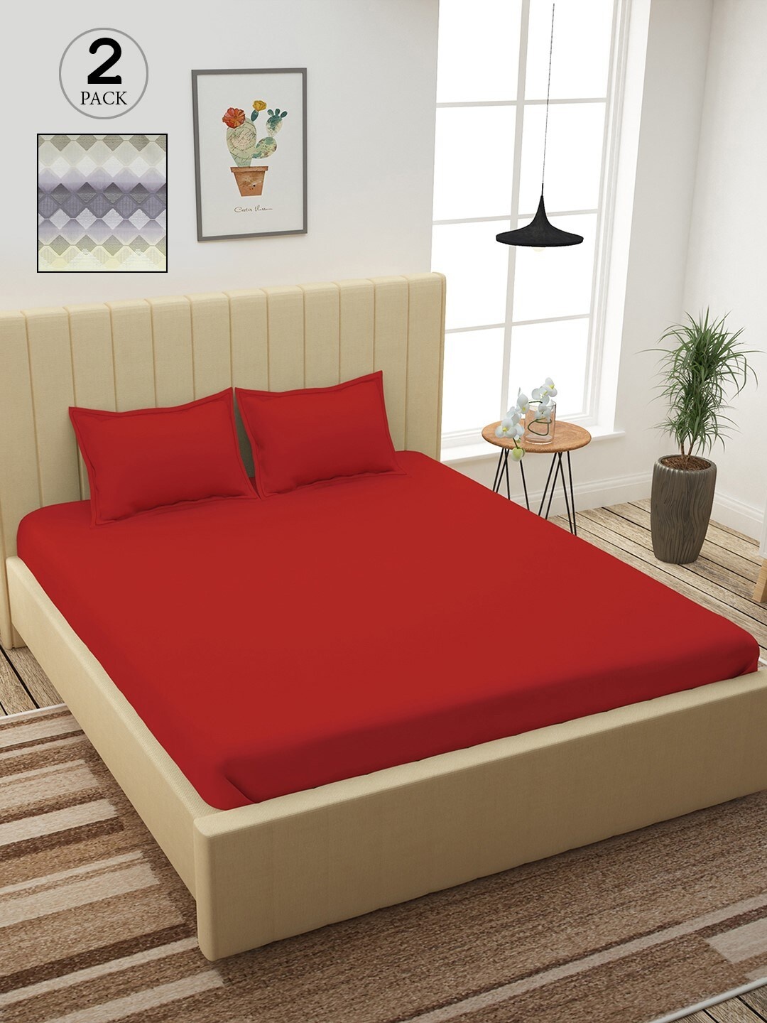 

Story@home Red & Magenta Geometric 210 TC 2 King Bedsheet with 4 Pillow Covers