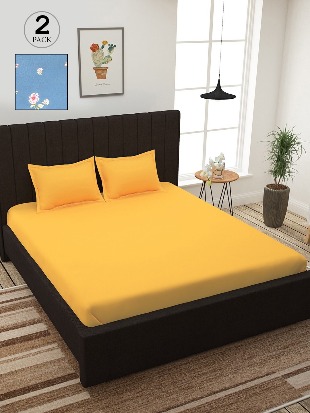 

Story@home Yellow & Blue Floral 210 TC 2 King Bedsheet with 4 Pillow Covers