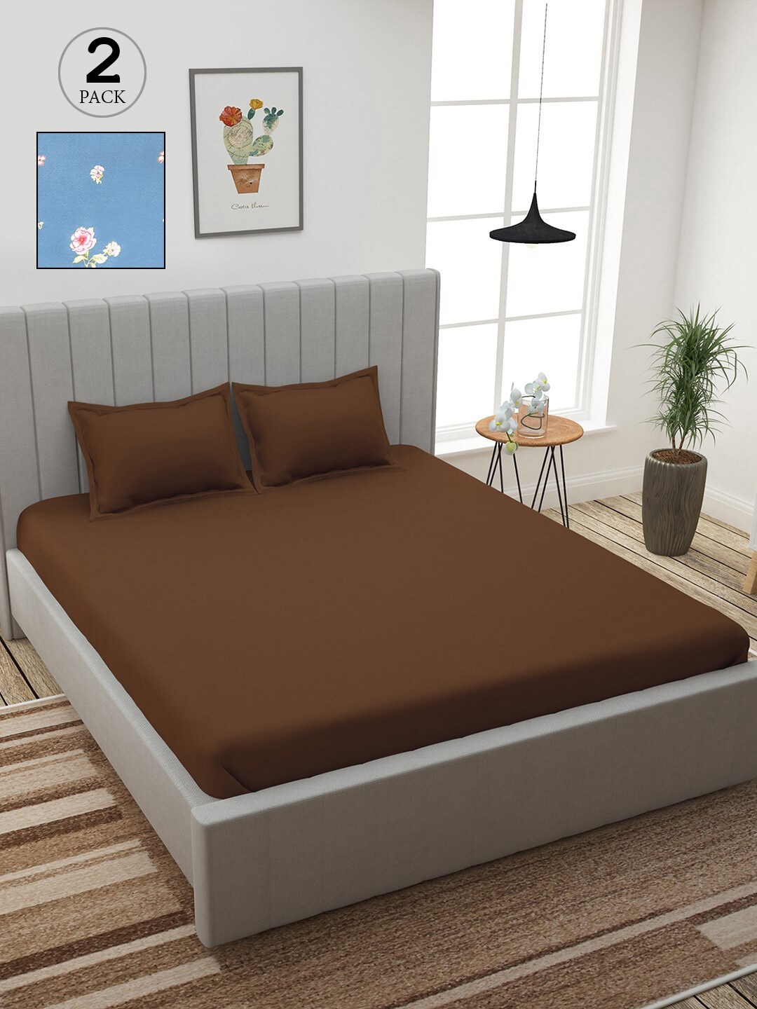 

Story@home Brown & Blue Floral 210 TC 2 King Bedsheet with 4 Pillow Covers