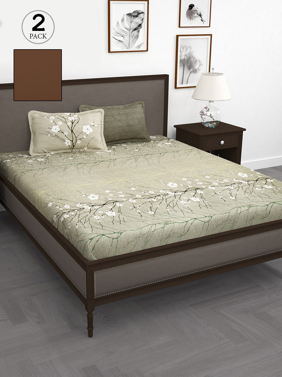 

Story@home Brown & Olive Green Floral 210 TC 2 King Bedsheet with 4 Pillow Covers
