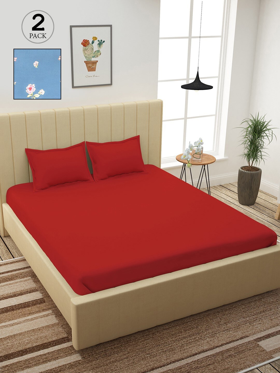

Story@home Red & Blue Floral 210 TC 2 King Bedsheet with 4 Pillow Covers