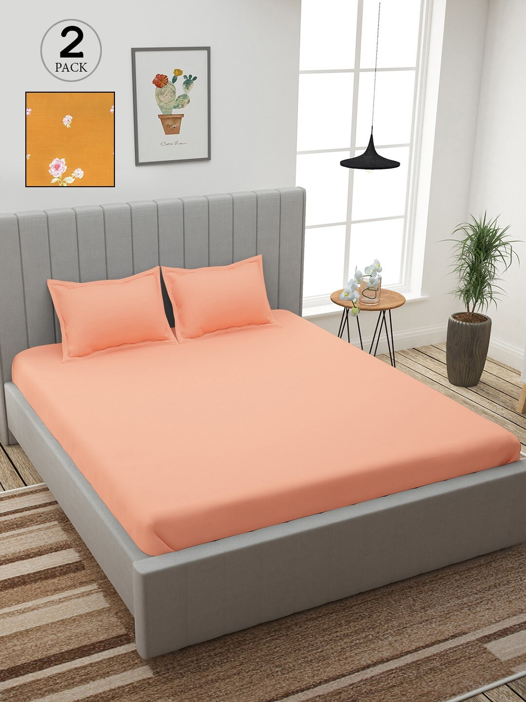 

Story@home Peach & Tan Floral 210 TC 2 King Bedsheet with 4 Pillow Covers