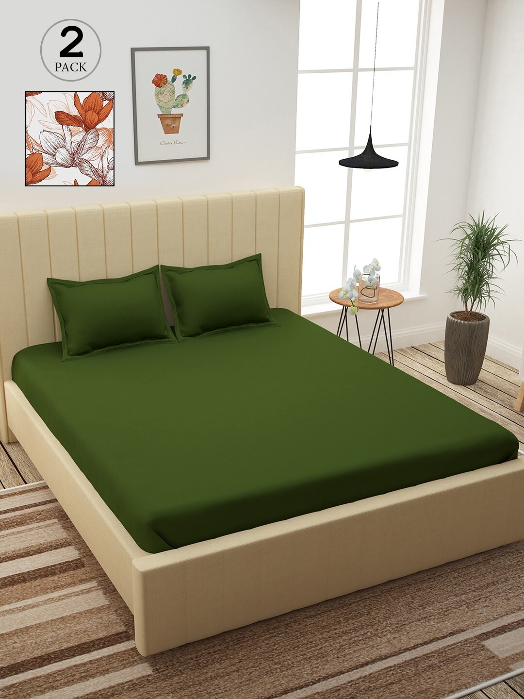 Story@home Green & White Floral 210 TC 2 King Bedsheet with 4 Pillow Covers
