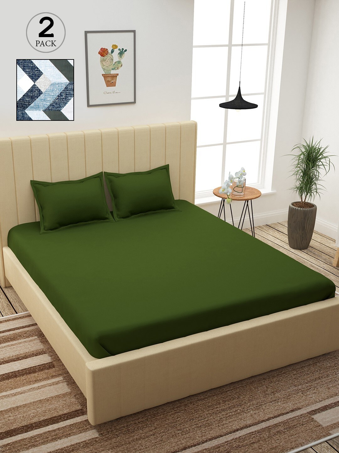 

Story@home Green & Off White Geometric 210 TC 2 King Bedsheet with 4 Pillow Covers