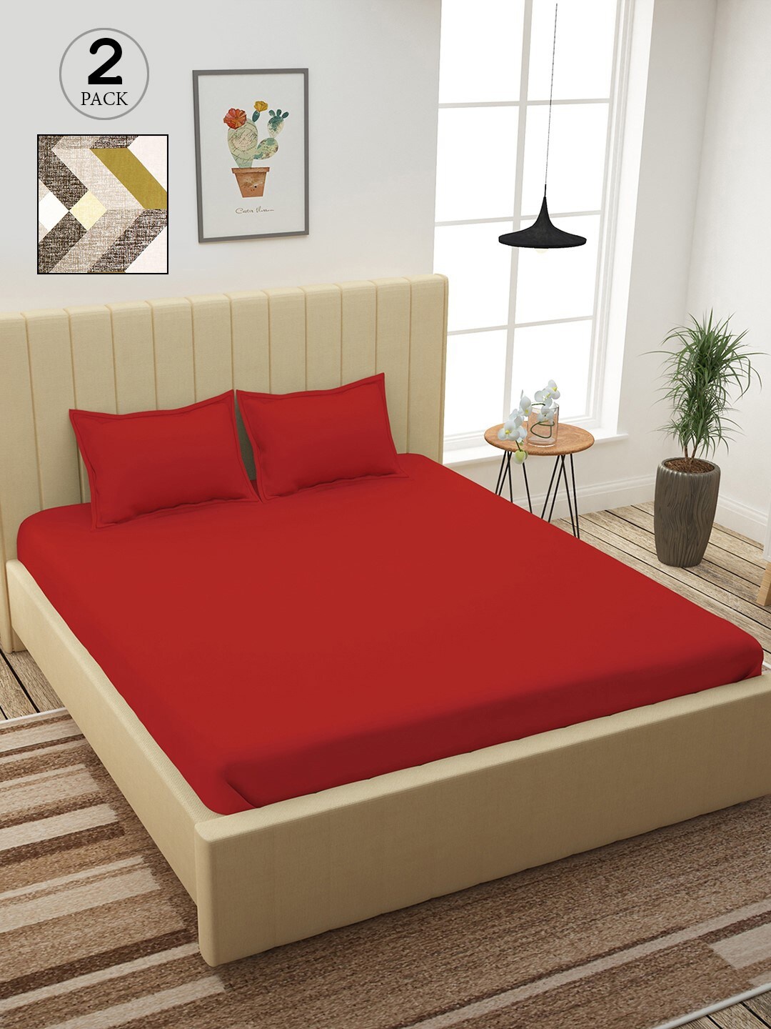 

Story@home Red & White Geometric 210 TC 2 King Bedsheet with 4 Pillow Covers