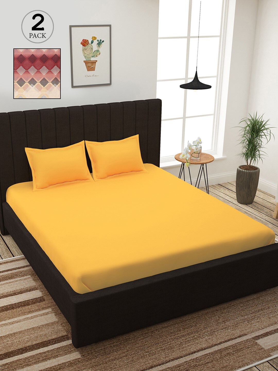

Story@home Yellow & Pink Geometric 210 TC 2 King Bedsheet with 4 Pillow Covers