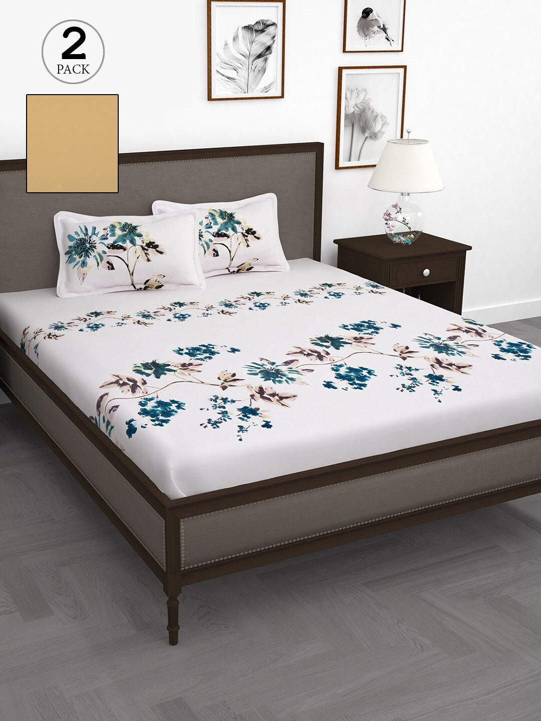 

Story@home Beige & White Floral 210 TC 2 King Bedsheet with 4 Pillow Covers