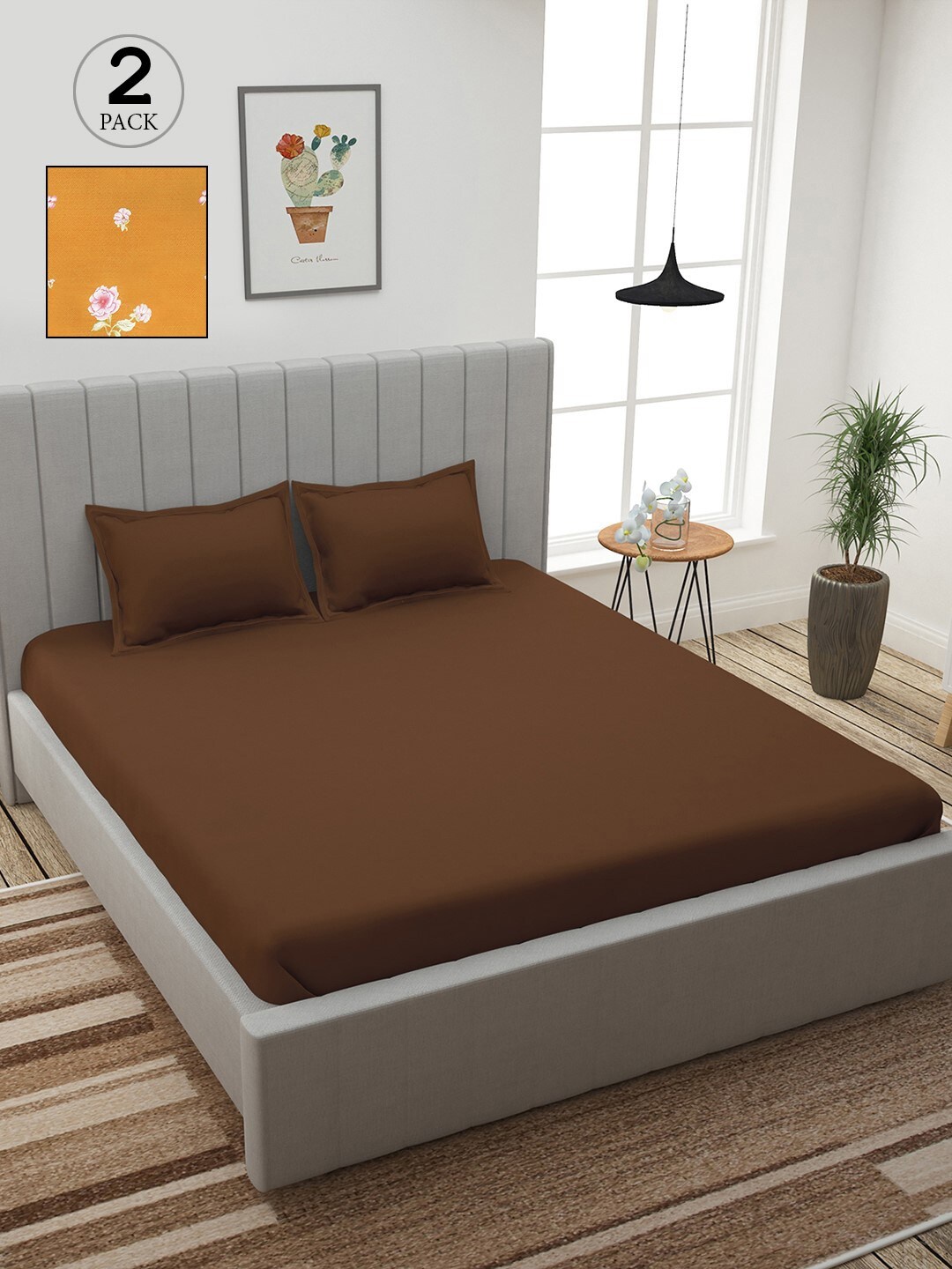 

Story@home Brown & Orange Floral 210 TC 2 King Bedsheet with 4 Pillow Covers
