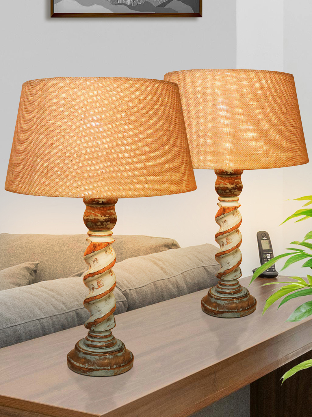 Homesake Rustic Warm Yellow Wood Frustum Textured Handcrafted Electrical Table Lamps