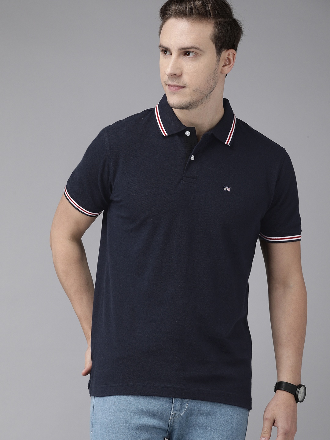 

Arrow Men Navy Blue Solid Polo Collar Pure Compact Cotton Pure Cotton T-shirt