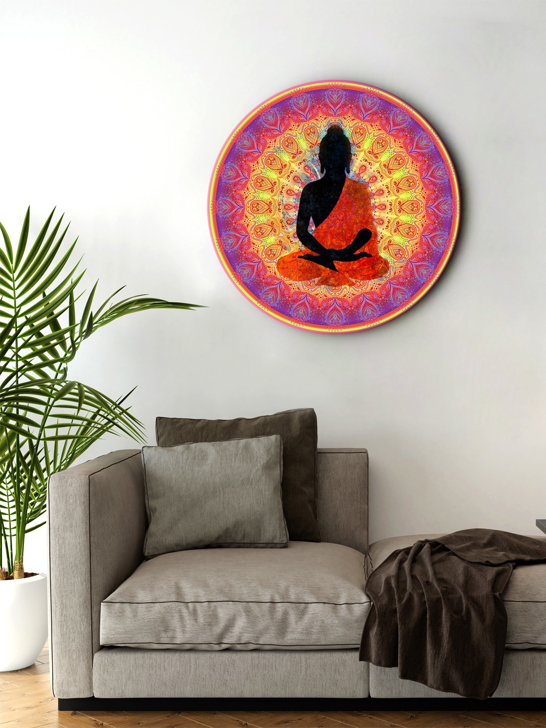 

999Store Red & Yellow Digitally Printed Meditation Buddha Round Wall Art