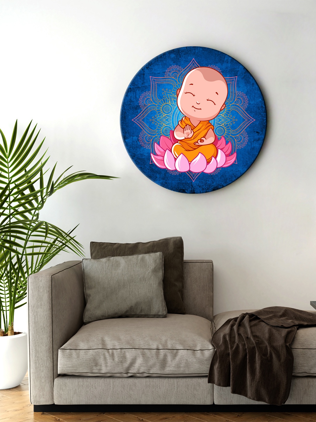 

999Store Blue & Orange Little Buddha Sitting On Lotus Round Shape Wall Painting