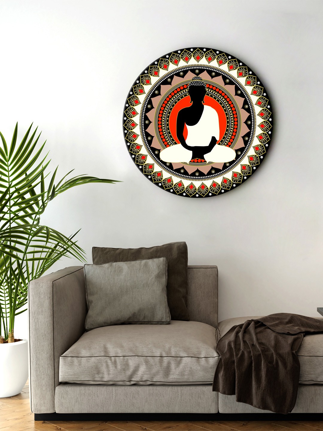 

999Store Orange & White Digital Printed Meditation Buddha Round Shape Wall Painting