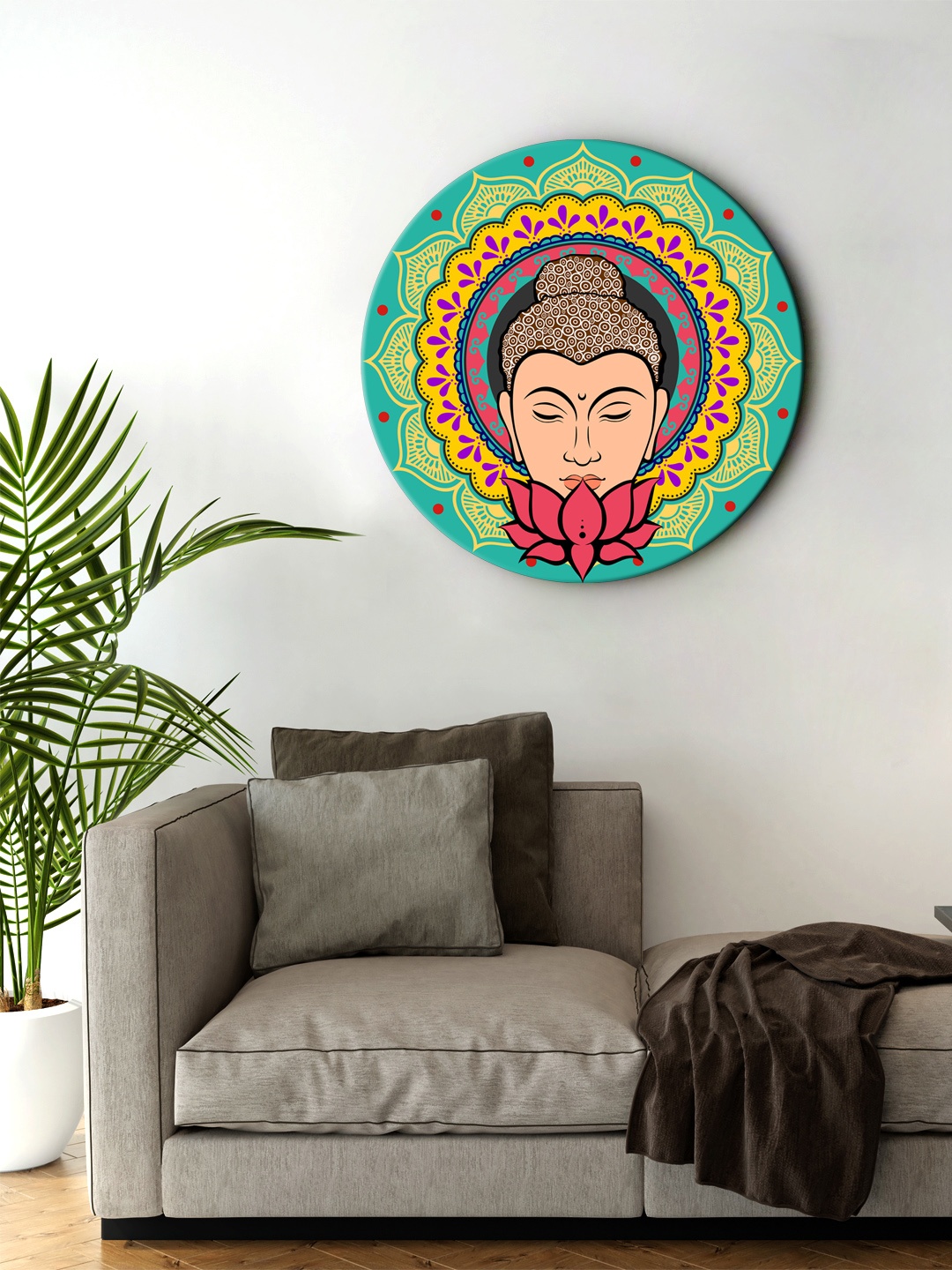 

999Store Blue & Yellow Buddha Face With Lotus Round Shape Wall Painting