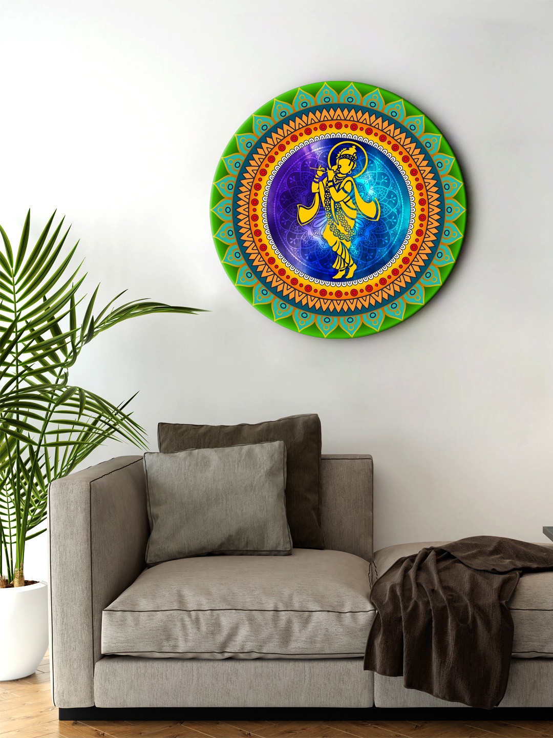 

999Store Green & Blue Krishna Round Shape Wall Painting