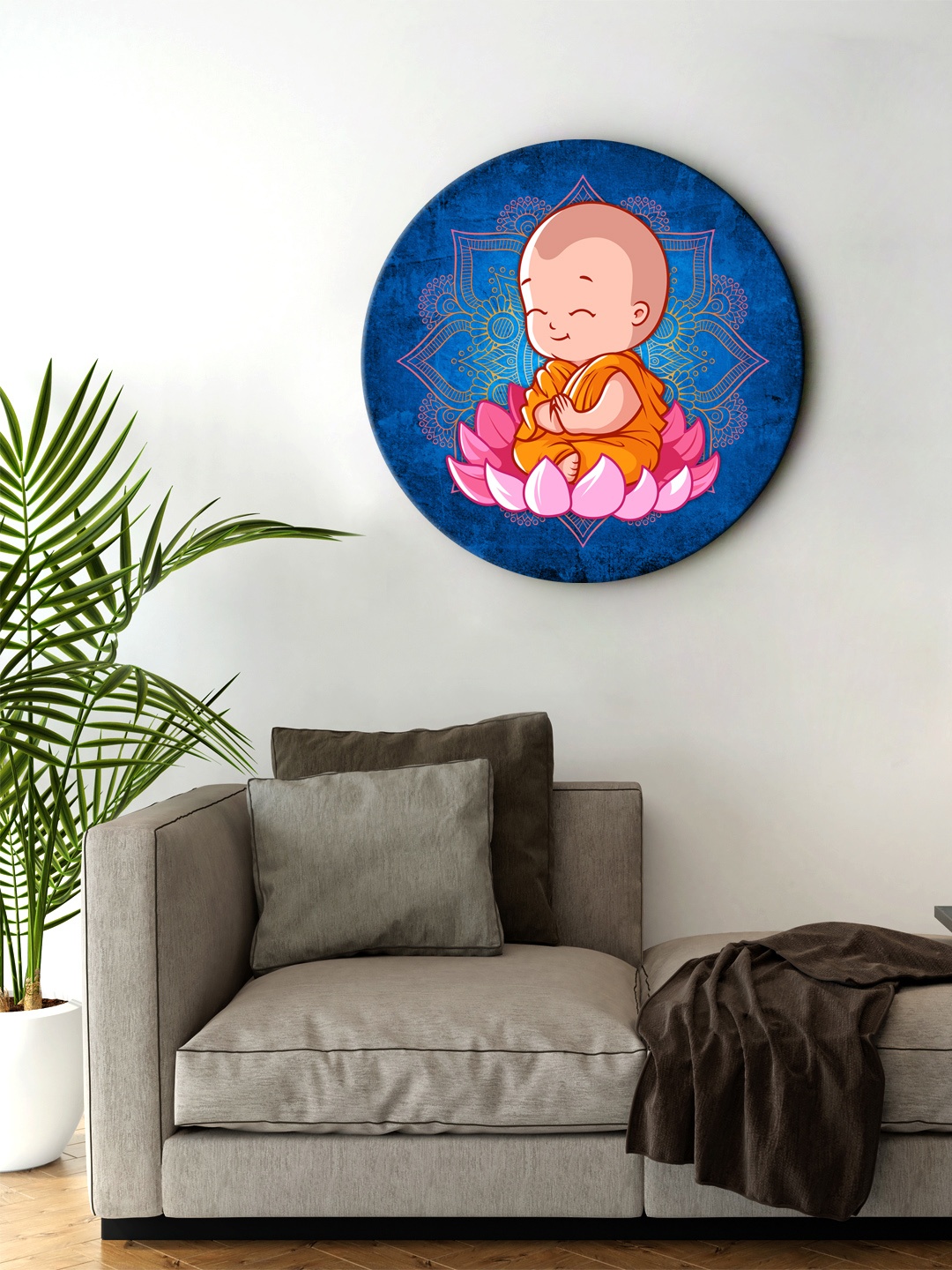 

999Store Blue & Pink Digital Printed Little Meditation Buddha Siting On Lotus Round Wall Art