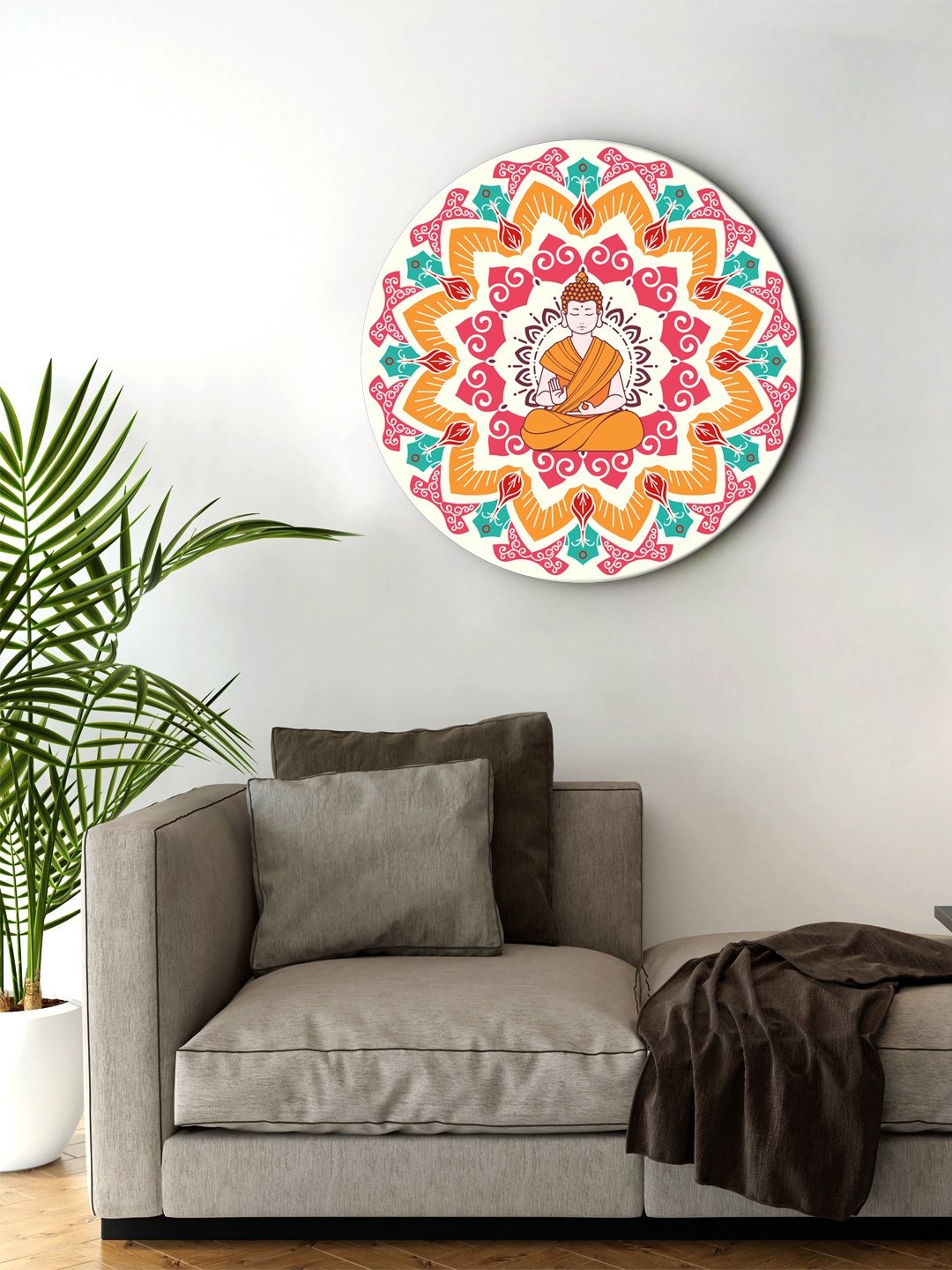 

999Store Brown & Red Meditation With Blessing Buddha Round Shape Wall Art