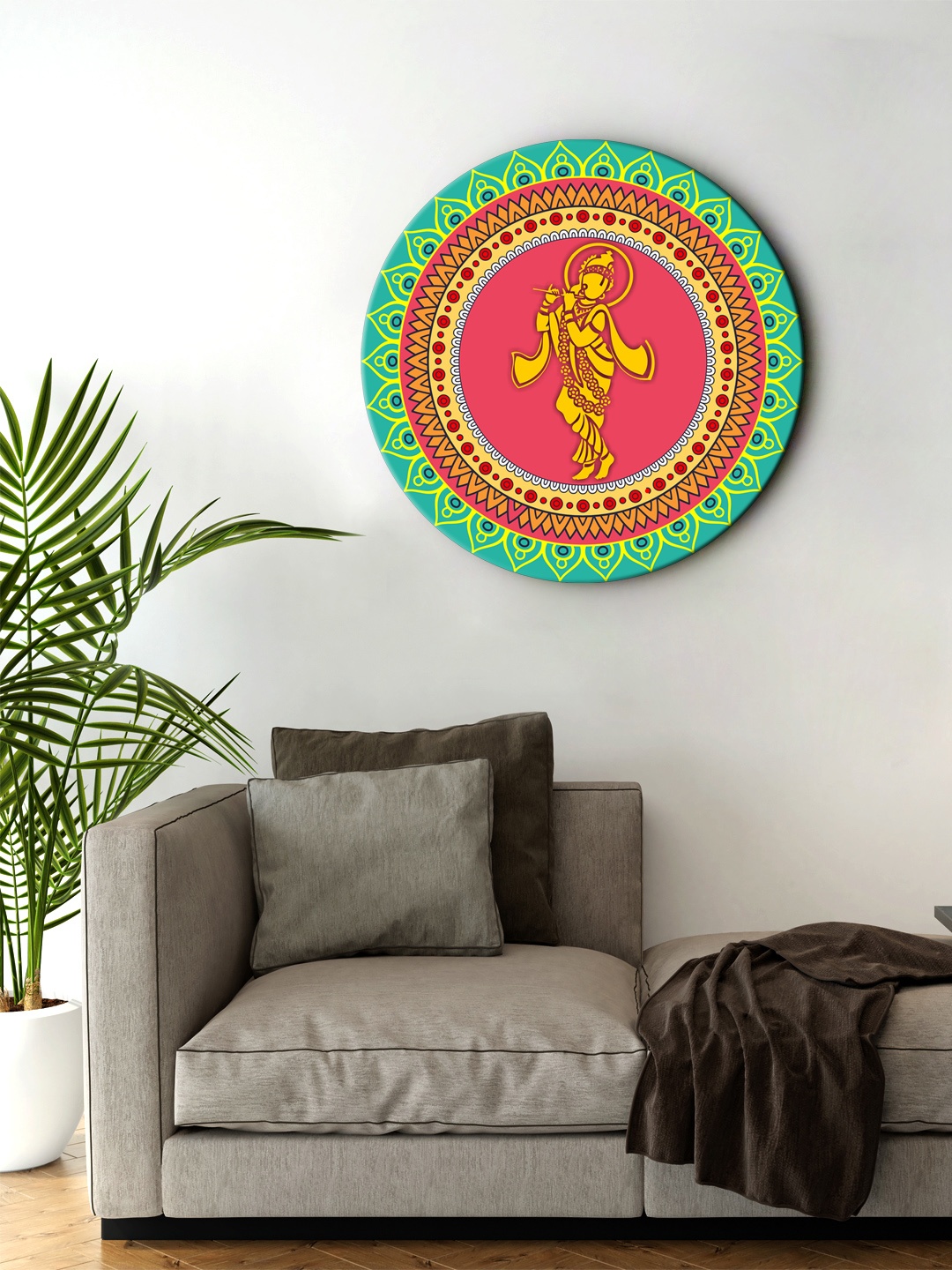 

999Store Pink & Green Digitally Printed Decorative Krishan Round Wall Art