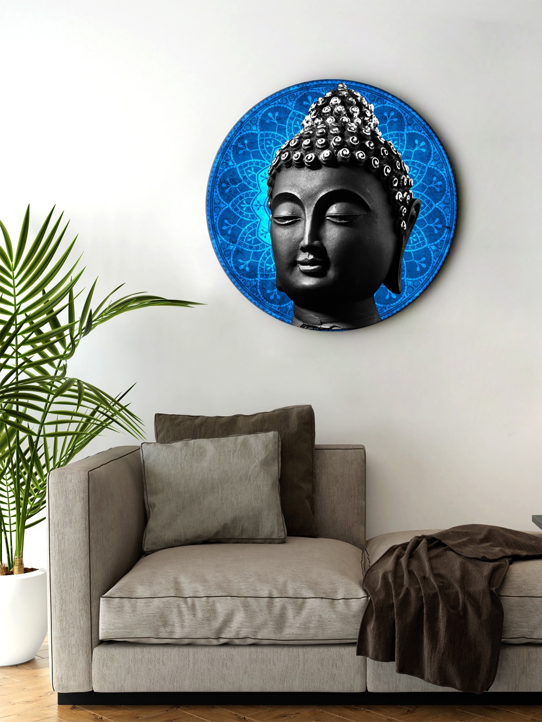 

999Store Blue & Black Digitally Printed Buddha Round Wall Art