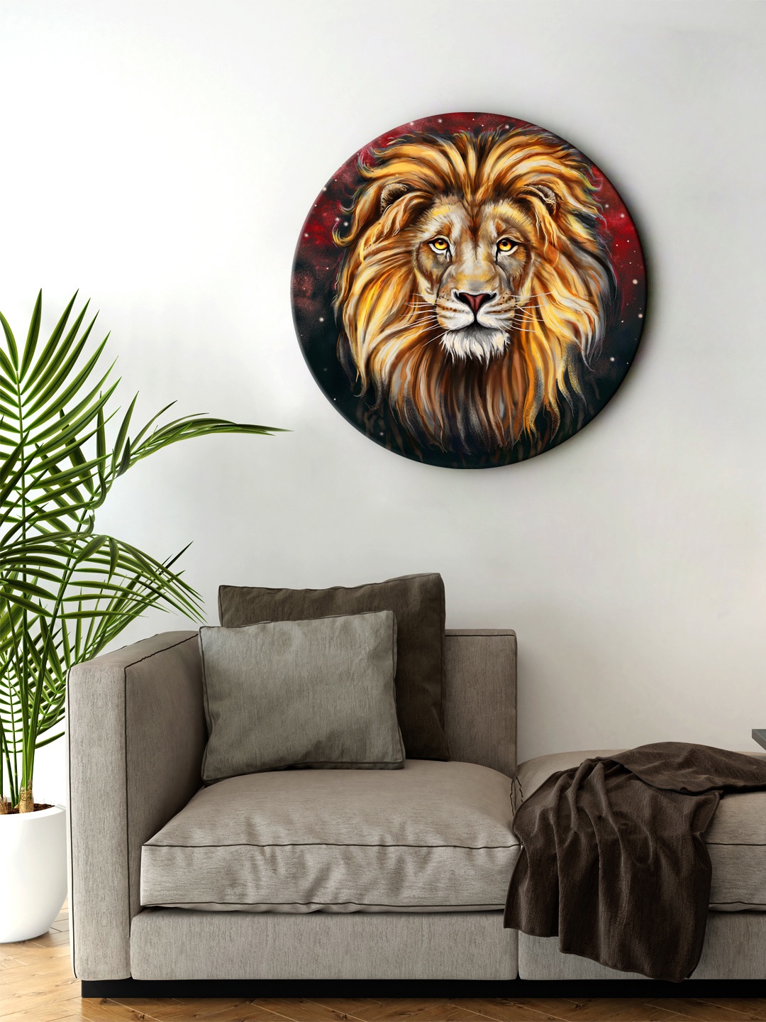 

999Store Brown & Red Lion Face Brown Color Round Shape Wall Painting