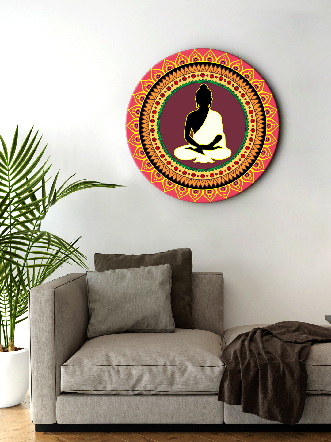 

999Store Brown & Black Meditation Buddha Digitally Printed Round Wall Art