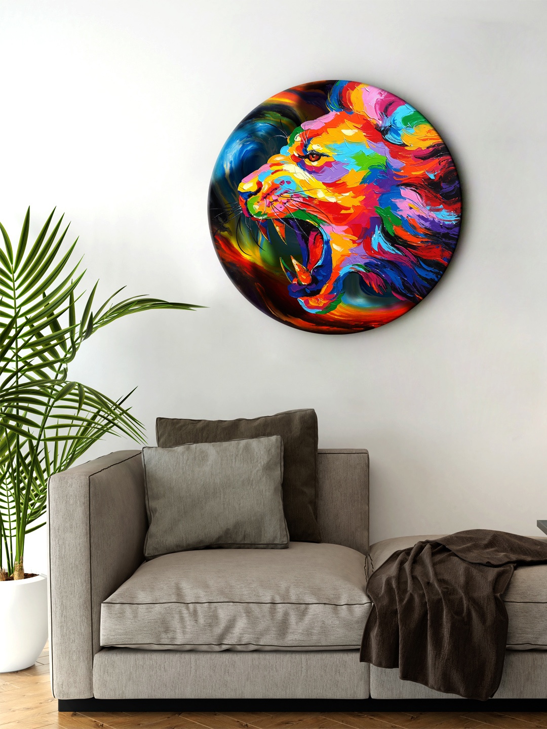 

999Store Blue & Yellow Lion Face Round Shape Wall Painting
