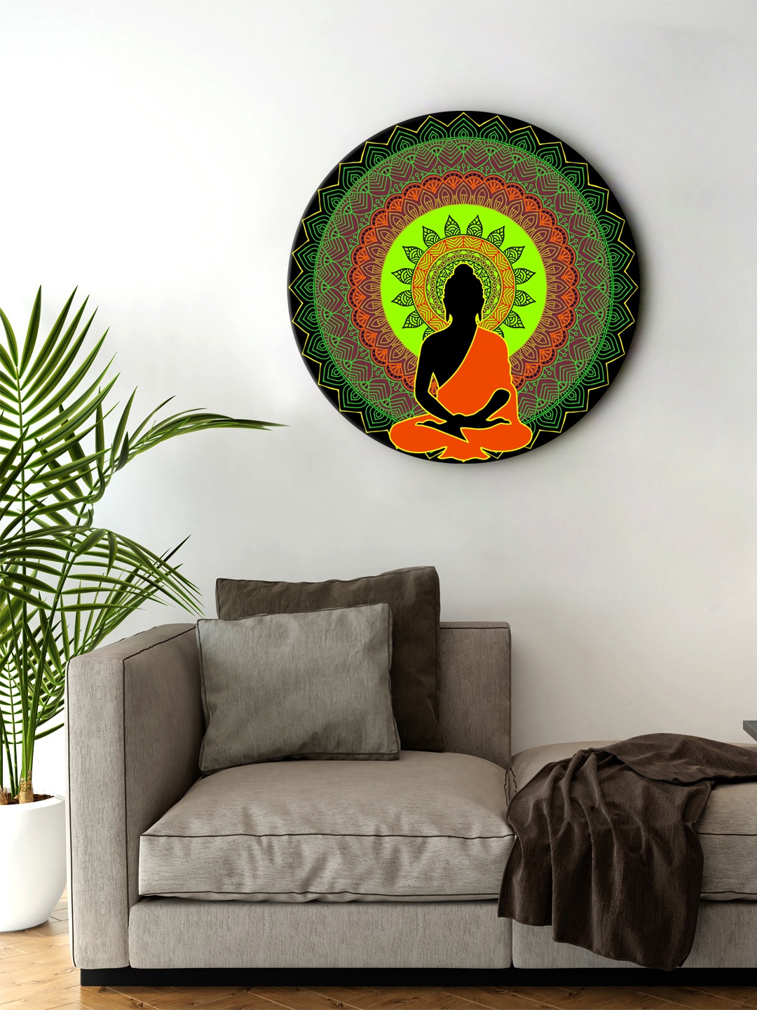

999Store Green & Orange Decorative Meditation Buddha Round Shape Wall Art
