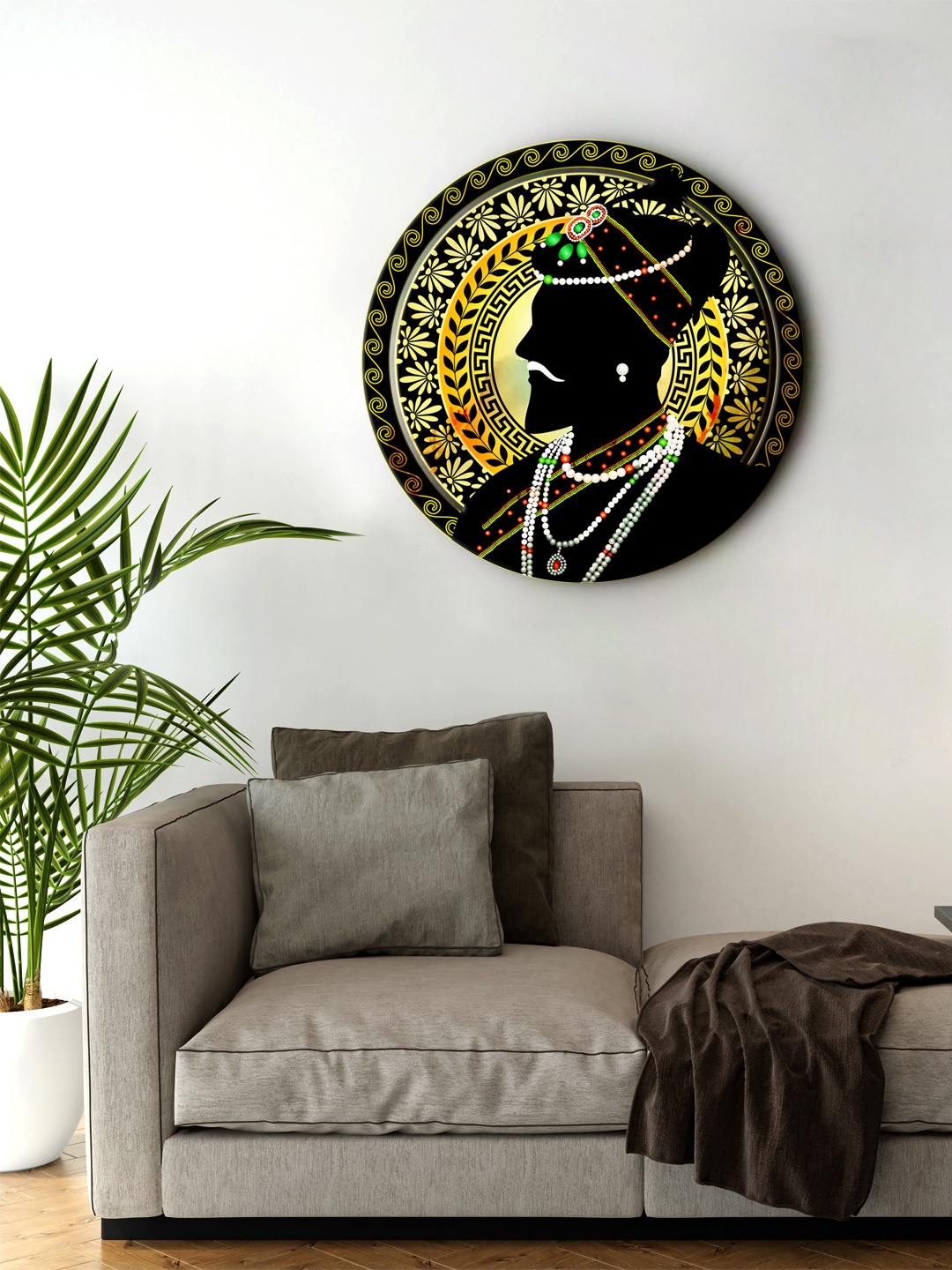 

999Store Black & Yellow Digitally Printed Mughal Art Round Wall Art