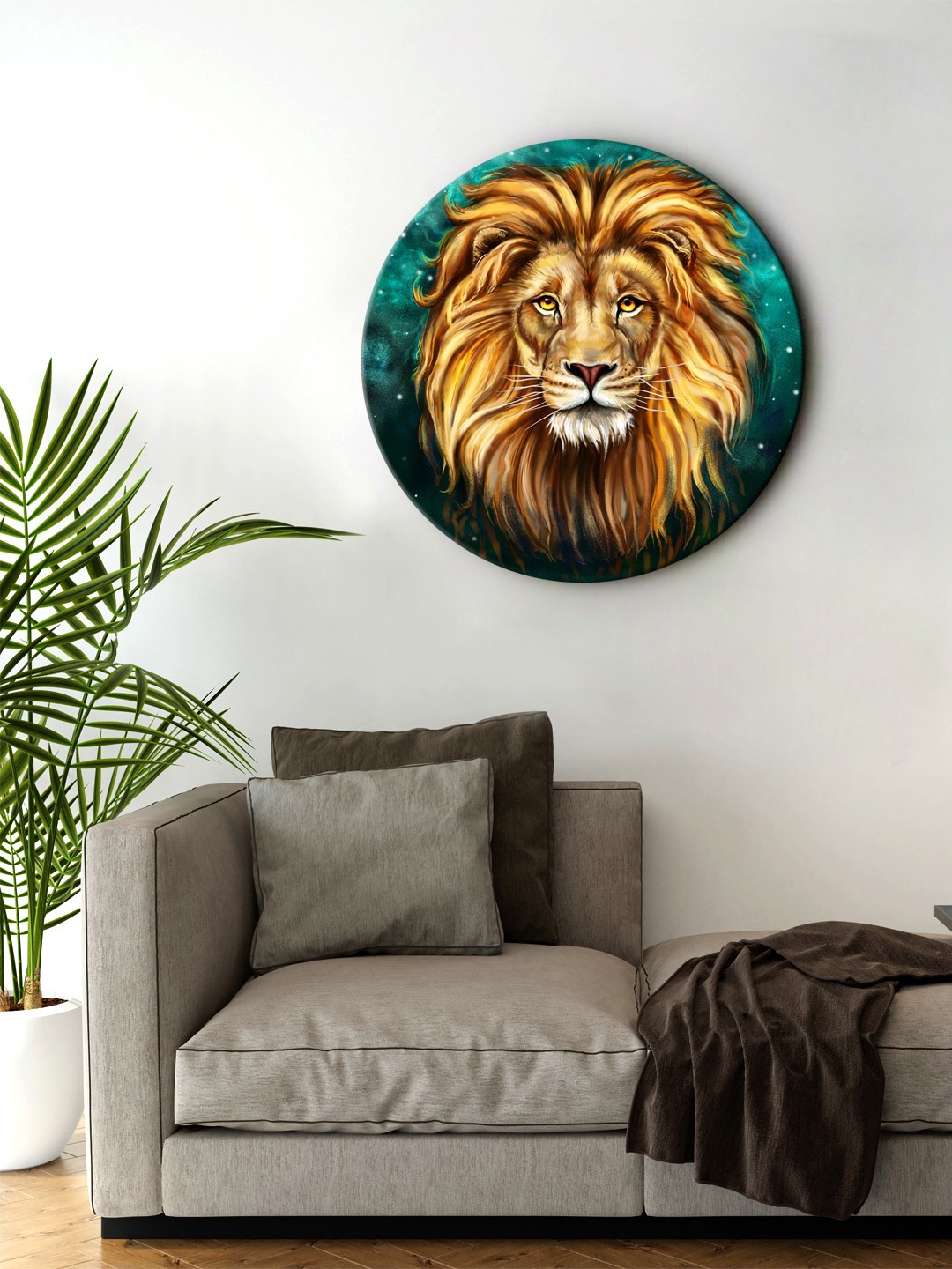 

999Store Brown & Green Lion Face Round Shape Wall Art