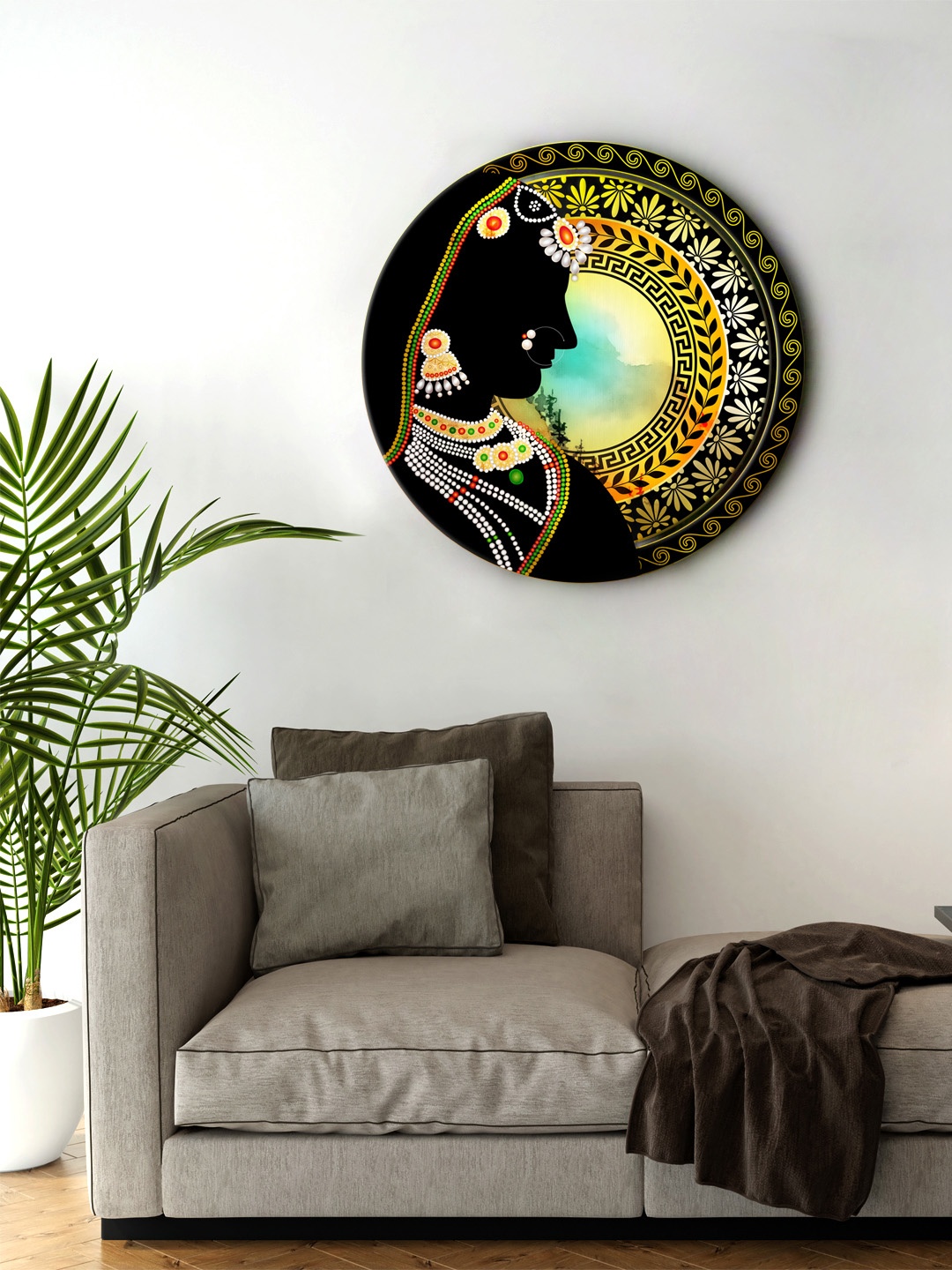 

999Store Black & Yellow Digital Printed Indian Lady Face Round Wall Art