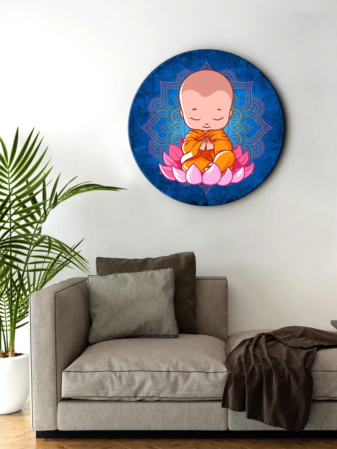 

999Store Blue & Orange Digitally Printed Little Buddha Sitting On Lotus Round Wall Art