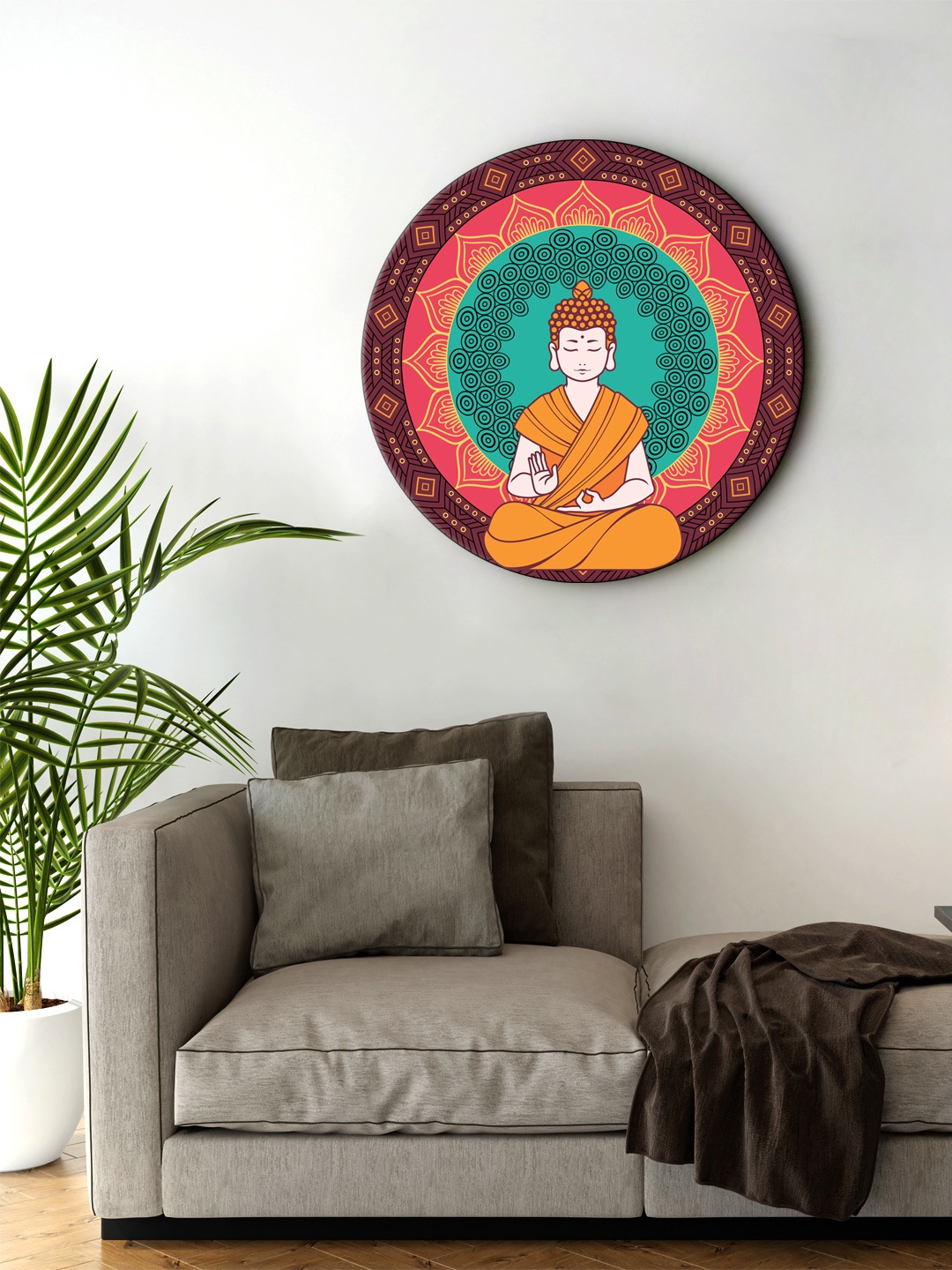 

999Store Brown & Orange Meditation With Blessing Buddha Round Shape Wall Painting