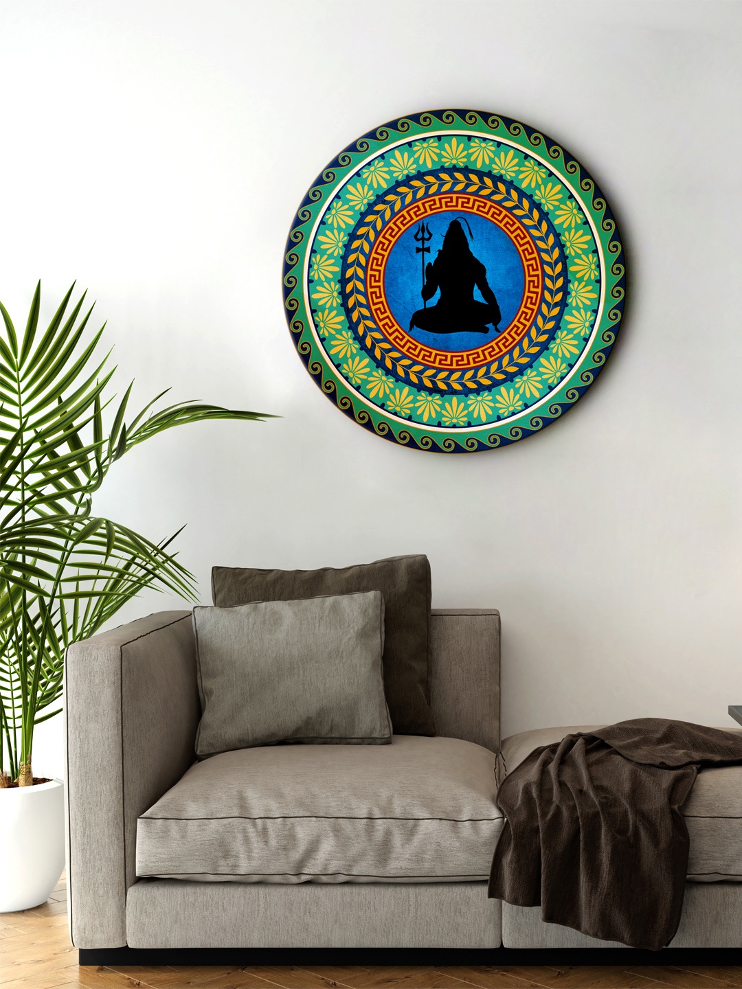 

999Store Green & Orange Digitally Printed Blessing Shiva Round Shape Wall Painting