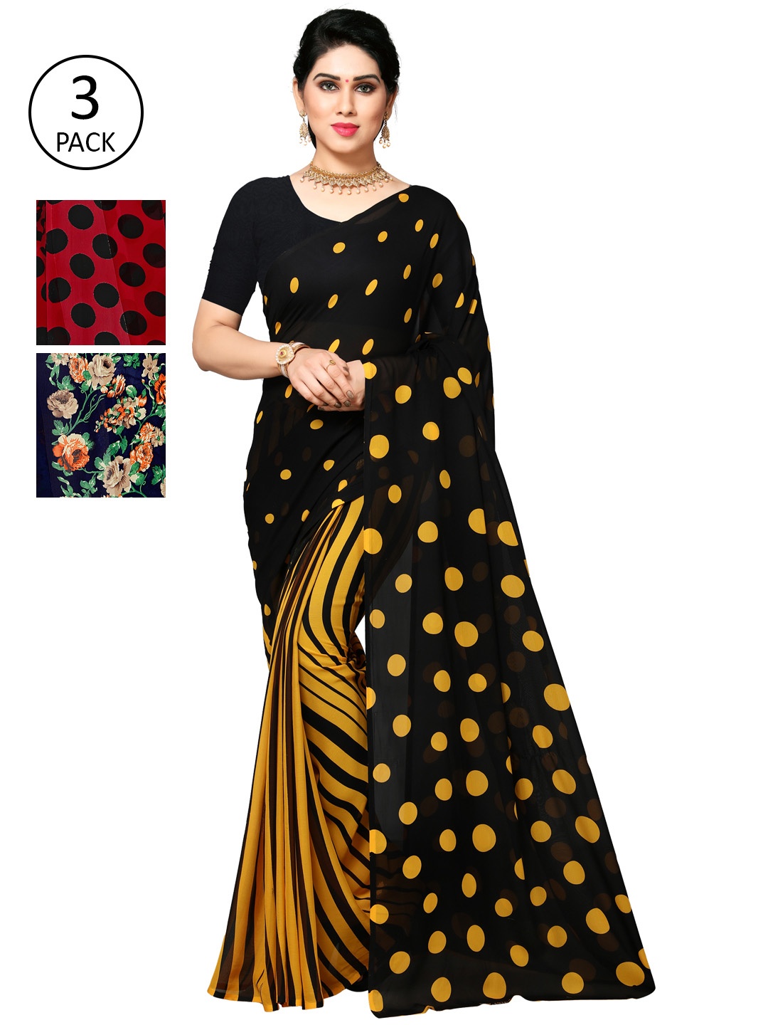 

KALINI Pack Of 3 Multicoloured Poly Georgette Sarees, Multi