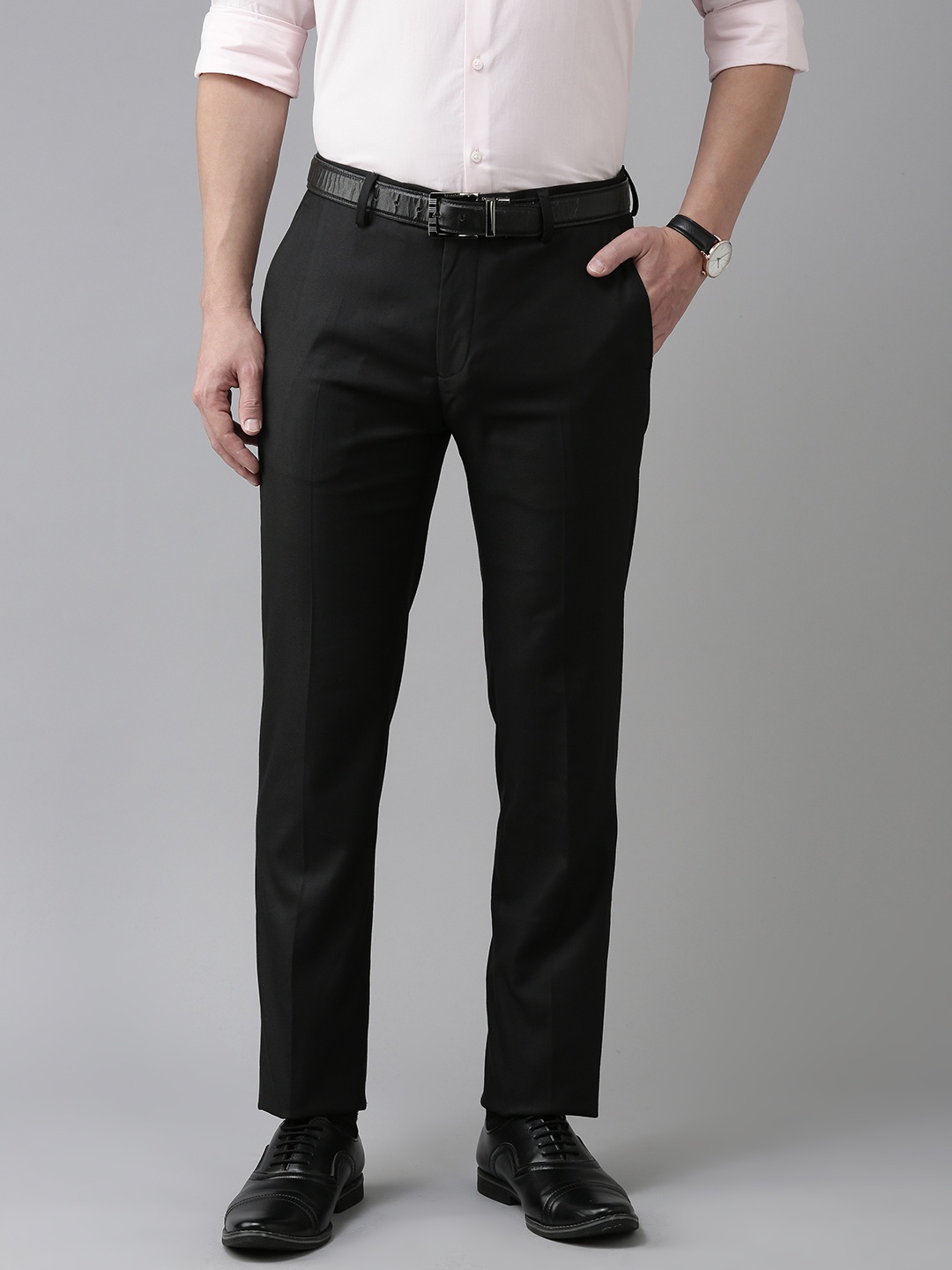 

Arrow Men Black Self Designed Tailored Fit Formal Trousers