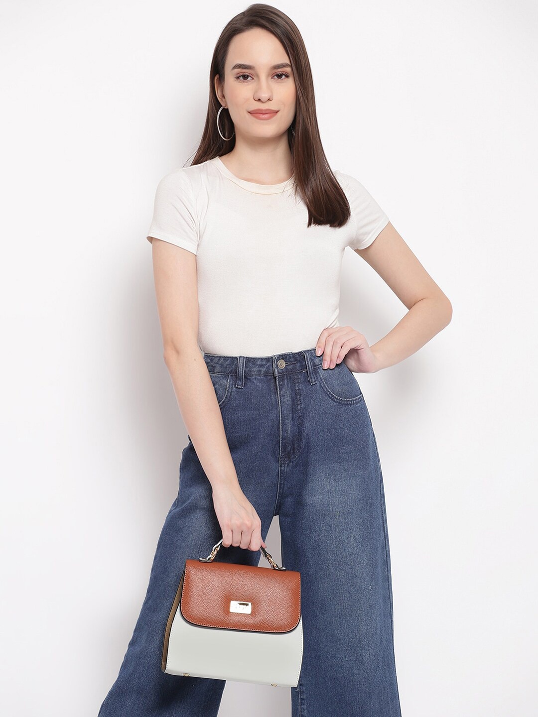 

KLEIO Women Colourblocked PU Structured Satchel Bag, Tan