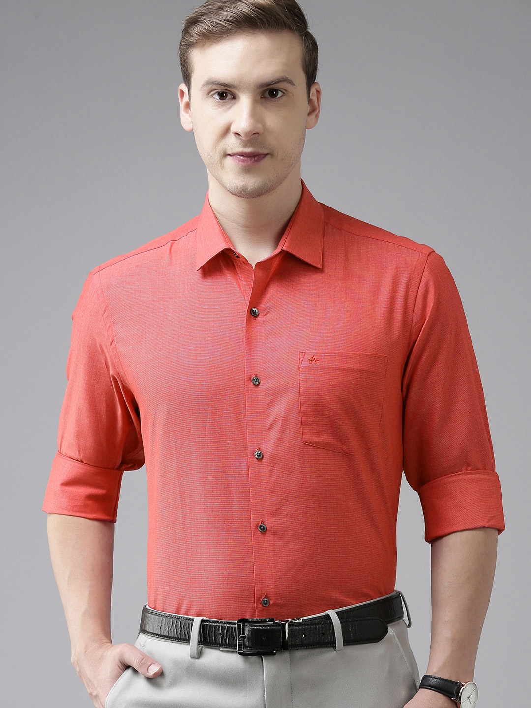 

Arrow Men Coral Red Slim Fit Solid Pure Cotton Formal Shirt