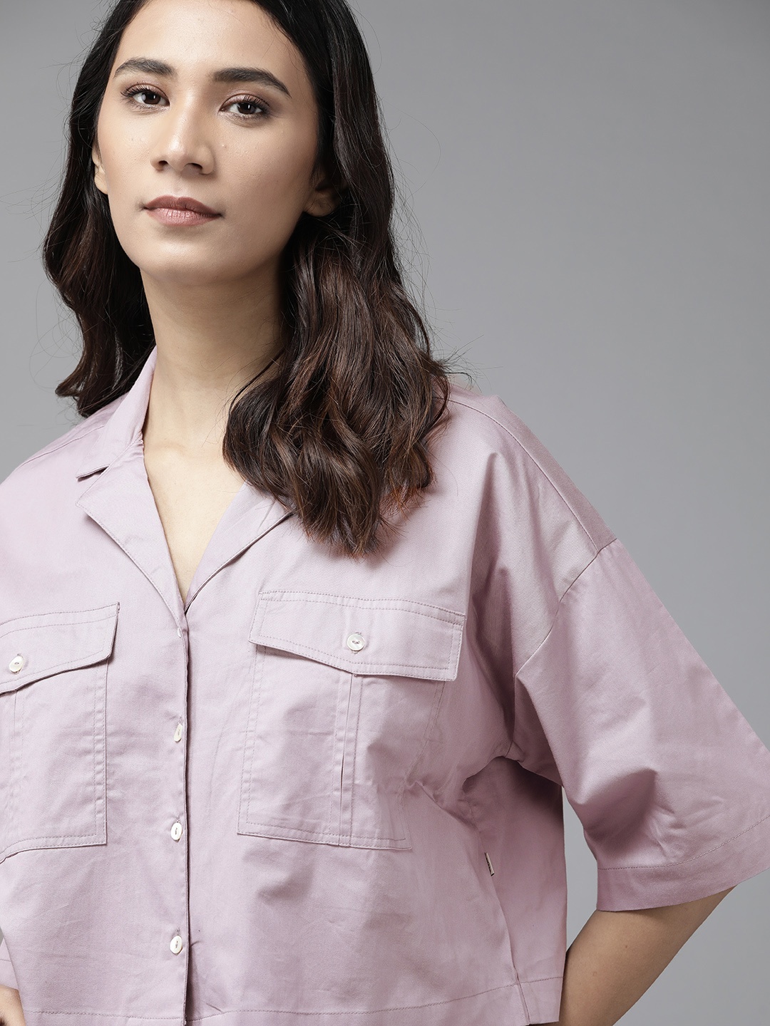 

Roadster Women Mauve Cotton Boxy Opaque Casual Crop Shirt