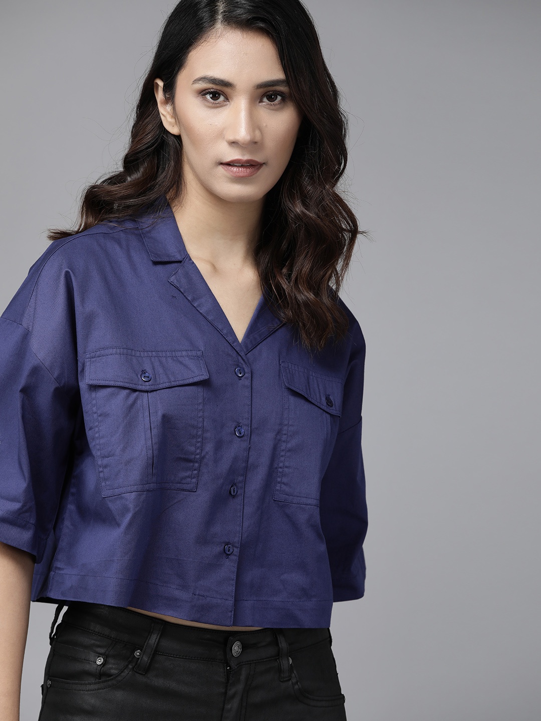 

Roadster Women Navy Blue Cotton Boxy Opaque Casual Crop Shirt